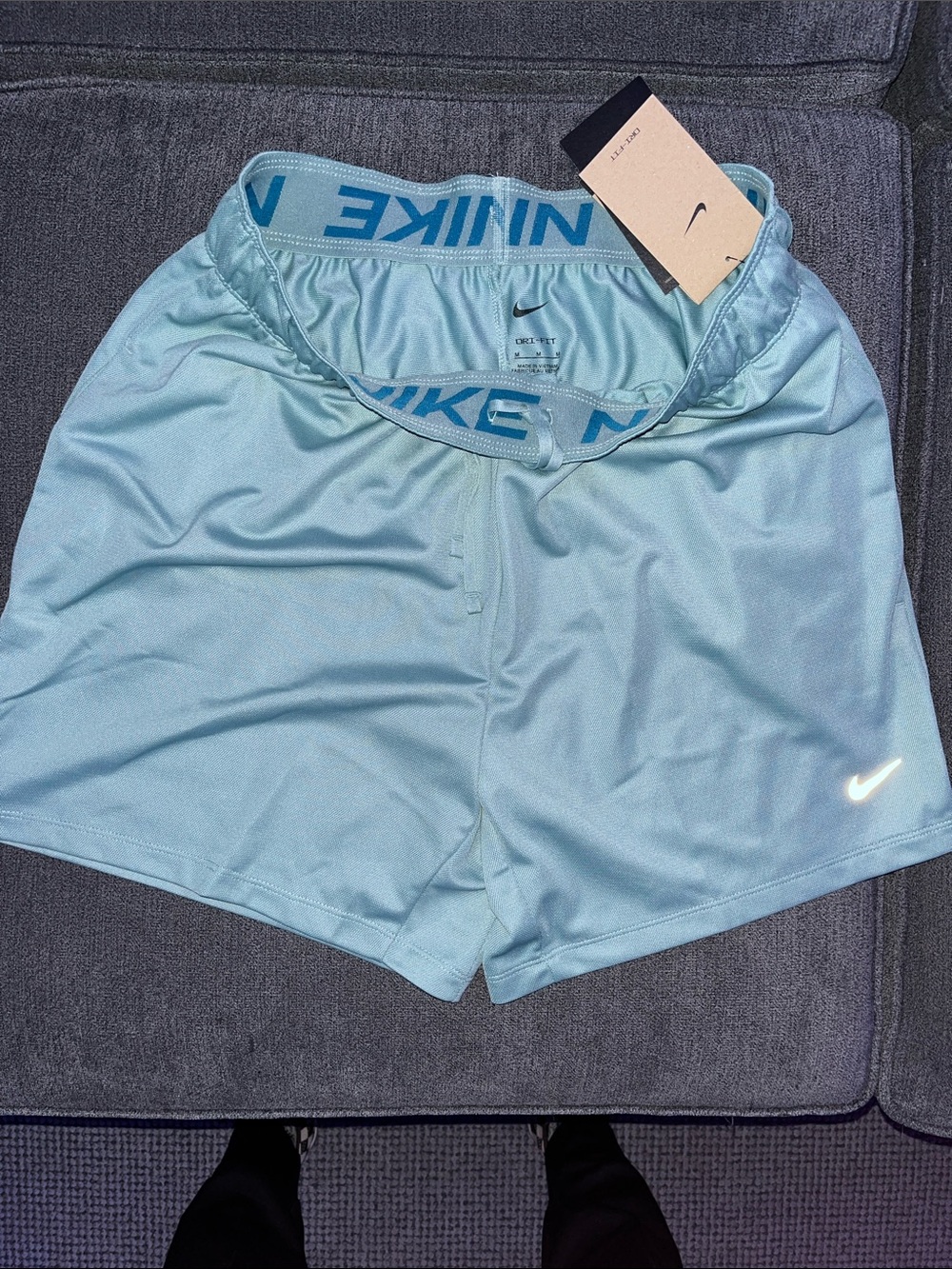 Nike Women's Light Blue Athletic Shorts with Elastic Logo Waistband